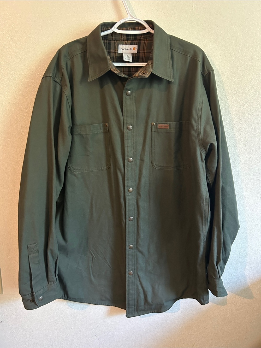 Vintage Carhartt Men Moss Green Canvas Flannel Utility Chore Workwear Shacket:LT